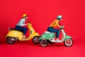 Profile side view of her she his he nice attractive crazy overjoyed cheerful cheery couple riding moped enjoying weekend Royalty Free Stock Photo