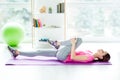 Profile side view photo of purposeful enduring with beautiful figure slender charming teenage girl doing exercises for stretching Royalty Free Stock Photo