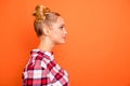 Profile side view photo of strict magnificent lovely youth look have modern outfit checked plaid shirt hairdo isolated Royalty Free Stock Photo