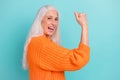 Profile side view portrait of attractive cheerful lucky grey-haired woman rejoicing success isolated over teal turquoise