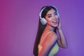 Profile side view portrait of attractive cheery girl enjoying listening hit rest isolated over shine purple violet color Royalty Free Stock Photo