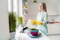 Profile side view portrait of attractive dreamy grey-haired woman doing dishes dishwash duty at home light white indoor Royalty Free Stock Photo