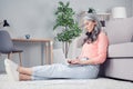 Profile side view portrait of attractive serious focused woman using laptop sitting on carpet floor typing at home house Royalty Free Stock Photo