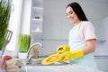 Profile side view portrait of her she nice attractive cheerful cheery girl washer cleansing plates cleanup hygiene