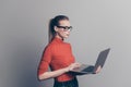 Profile side view portrait of her she nice lovely attractive professional intelligent girl eyewear holding in hand