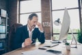 Profile side view portrait of his he handsome tired overworked sullen man agent broker executive specialist feeling Royalty Free Stock Photo