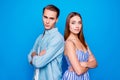 Profile side view portrait of his he her she two nice attractive charming focused confident content people folded arms Royalty Free Stock Photo