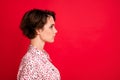 Profile side view portrait of lovely serious content brown-haired girl copy space ad isolated over bright red color