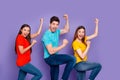 Profile side view portrait of nice attractive lovely content cheerful cheery overjoyed guys wearing colorful t-shirts Royalty Free Stock Photo