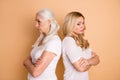 Profile side view portrait of nice-looking attractive lovely gloomy grumpy moody bored tired ladies wearing white outfit