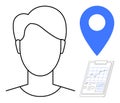 Profile silhouette with location pin and data analytics on clipboard for business overview Royalty Free Stock Photo