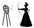 Profile silhouette of young female archer in victorian dress shooting at heart shaped target.