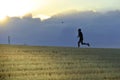 Profile silhouette of young man running in countryside training cross country jogging discipline in summer sunset Royalty Free Stock Photo