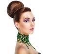 Profile of Stylish Woman with Green Gems. Luxury. Aristocratic Profile