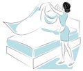 Profile of a sweet lady. The girl is making the bed in the room. A woman is a good wife and a neat housewife. Vector illustration