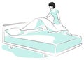 Profile of a sweet lady. The girl is making the bed in the room. A woman is a good wife and a neat housewife. Vector illustration