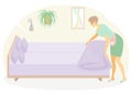 Profile of a sweet lady. The girl is making the bed in the room. A woman is a good wife and a neat housewife. Vector illustration