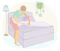 Profile of a sweet lady. The girl is making the bed in the room. A woman is a good wife and a neat housewife. Vector illustration