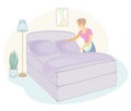 Profile of a sweet lady. The girl is making the bed in the room. A woman is a good wife and a neat housewife. Vector illustration