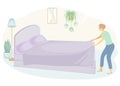 Profile of a sweet lady. The girl is making the bed in the room. A woman is a good wife and a neat housewife. Vector illustration