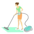 Profile of a sweet lady. The girl removes dust in the room with a vacuum cleaner. A woman is a good wife and a neat housewife. Royalty Free Stock Photo