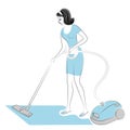 Profile of a sweet lady. The girl removes dust in the room with a vacuum cleaner. A woman is a good wife and a neat housewife. Royalty Free Stock Photo