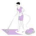 Profile of a sweet lady. The girl removes dust in the room with a vacuum cleaner. A woman is a good wife and a neat housewife. Royalty Free Stock Photo