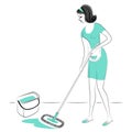 Profile of a sweet lady. The girl sweeps the floor in the room, a broom. A woman is a good wife and a neat housewife. Vector