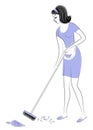 Profile of a sweet lady. The girl sweeps the floor in the room, a broom. A woman is a good wife and a neat housewife. Vector Royalty Free Stock Photo