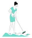 Profile of a sweet lady. The girl sweeps the floor in the room, a broom. A woman is a good wife and a neat housewife. Vector Royalty Free Stock Photo