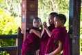 Profile of three Buddhist novice monks , happy and smiling , Bhutan