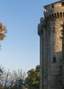 Profile of the tower, wall and battlements of the castle of Granadilla with blue sky Royalty Free Stock Photo