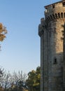 Profile of the tower, wall and battlements of the castle of Granadilla with blue sky