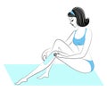 Profile of two girls. The ladies make depilation of their legs themselves. Remove the hair with a gel, wax and epilator. Vector