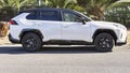 Profile view beautiful lines design white suv car model Toyota Rav4 Hybrid