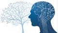 Profile View Circuit Head and Organic Tree, Digital Nature Concept