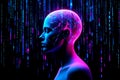 Neon human head with glowing brain and digital rain profile face Royalty Free Stock Photo