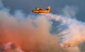 Profile view of hydroplane dropping water over huge fire Royalty Free Stock Photo