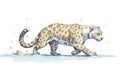 profile view of snow leopard sprinting across snow