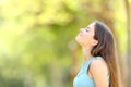 Profile of a woman breathing fresh air in a forest