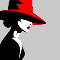 Young beautiful fashion woman wearing hat, minimalist vector illustration. Abstract female portrait, contemporary Royalty Free Stock Photo