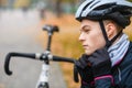 Profile of young bicyclist wear helmet outdoors Royalty Free Stock Photo