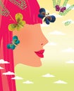 Profile of a young girl with red hair and paper butterflies against a gradient sky with cumulus clouds Royalty Free Stock Photo