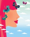 Profile of a young girl with red hair and paper butterflies against a gradient sky with cumulus clouds Royalty Free Stock Photo