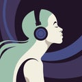Profile of a young woman listens to the music on the headphones. The musician avatar.
