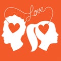 Profiles of man and woman connected by love wire Royalty Free Stock Photo