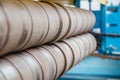 Profiling rolls of sheet forming machine close up. Selective focus Royalty Free Stock Photo
