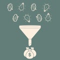 Profit concept. brains and light bulb falling into the funnel an