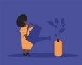 Profit concept. Business growth. African american woman wit pot watering profitable money tree. Vector line art illustration