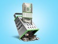 Profit distribution concept a pack of dollar bills is rubbed into coins 3d render on blue gradient Royalty Free Stock Photo